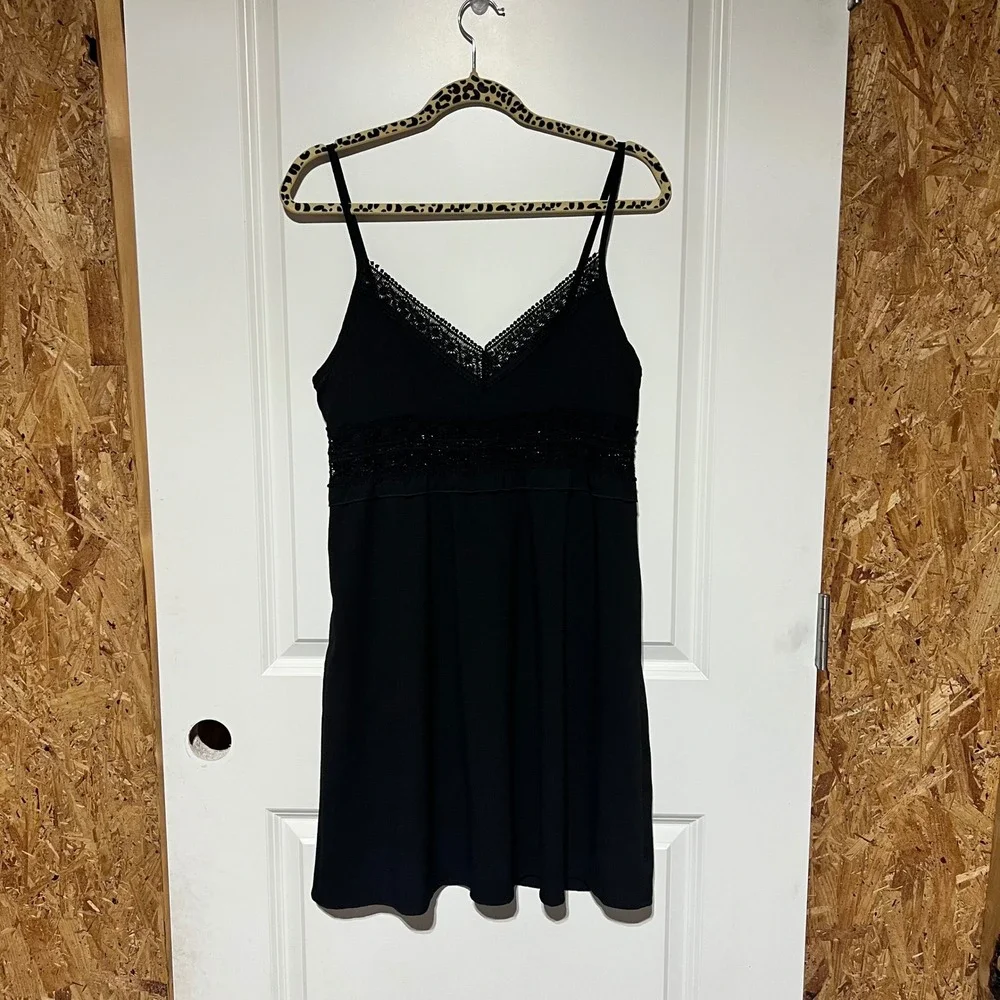 Black Crochet Lace Trim Empire Waist Mini Dress Sleeveless Adjustable Straps M
